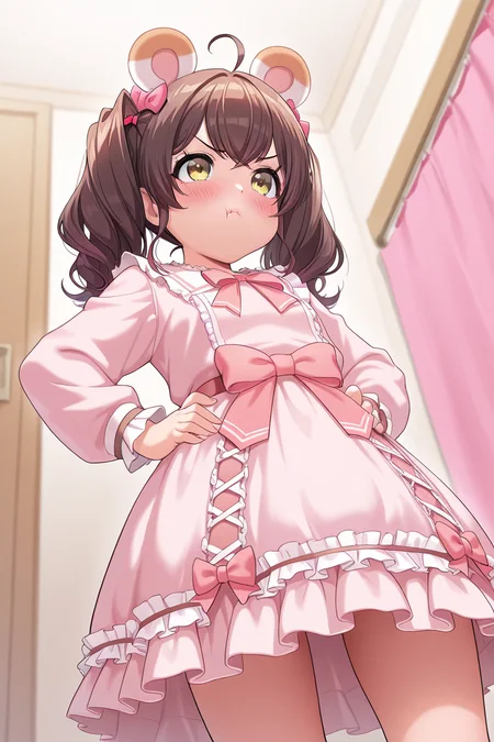 masterpiece, best quality, amazing quality,
<lora:Muni_IL:1> muni, 1girl, twintails, solo, animal ears, dress, bow, hands on hips, brown hair, pink bow, blush, pink dress, ahoge, long sleeves, hair bow, pout, from below,