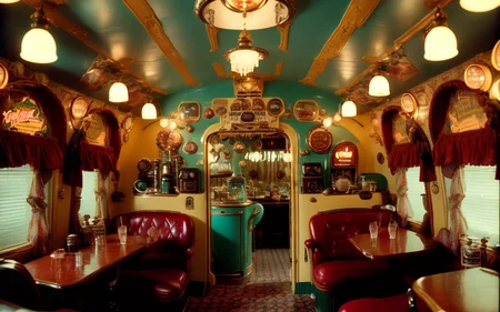 interior photo of a cozy old-fashioned retrofuturistic candy and soda parlor, kodak vision 3