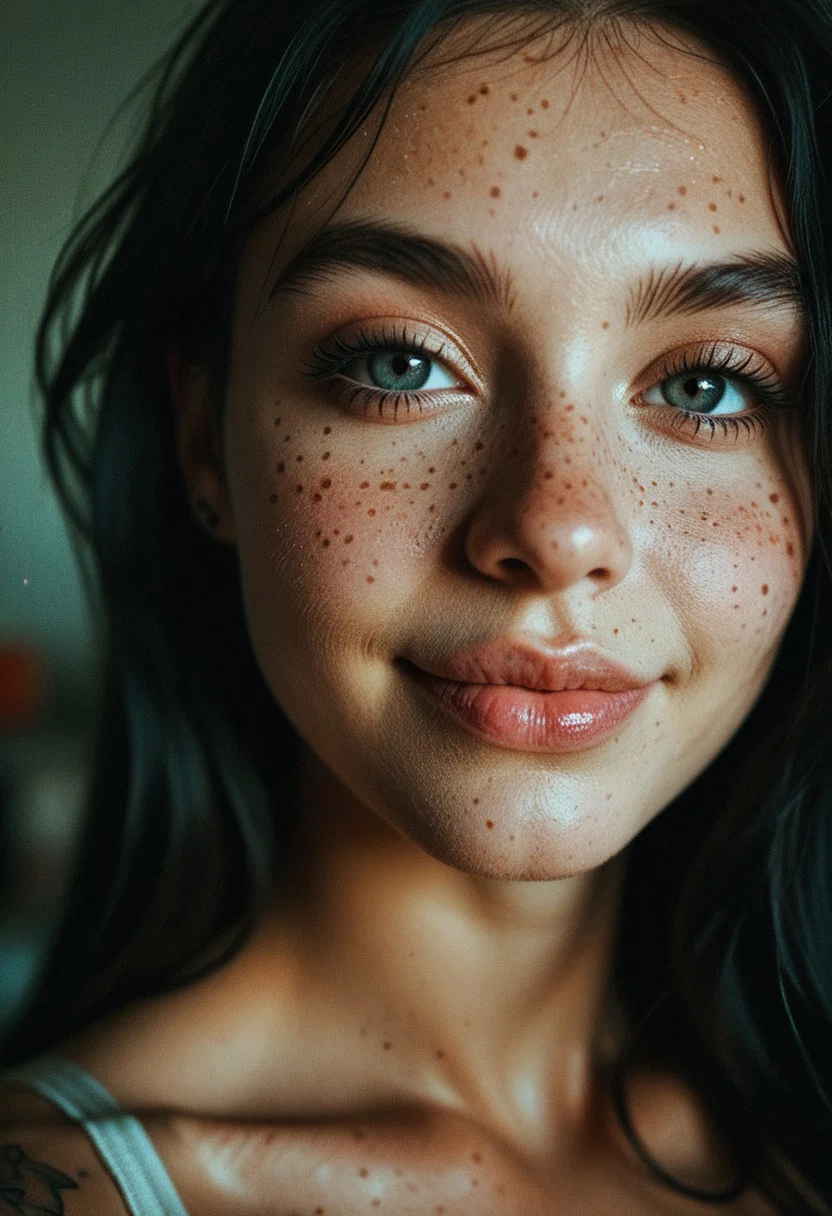 score_9, score_8_up, score_7_up, score_6_up, solo, 1girl, looking at viewer, lips, close-up, realistic, freckles, portrait, slight smile, makeup, black hair, tattoo on face, emo girl, egirl
