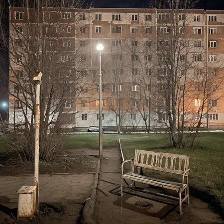 A somber twilight enfolds an empty square in a Russian suburb, where the glow of a solitary lamppost flickers uncertainly. A rusted metal bench, its paint peeling, sits forlornly beside a dry, cracked fountain, no longer the centerpiece of communal life but a relic of a more hopeful past. Surrounding buildings, relics of a bygone industrial era, rise cold and silent, their sparse lit windows doing little to ward off the encroaching chill of the evening. Stray papers tumble across the concrete, the only sign of movement in this tableau of urban decay. The scene whispers tales of days gone by, now overshadowed by the heavy cloak of time and neglect. twilight, Russian suburb, solitary lamppost, rusted bench, cracked fountain, industrial buildings, urban decay, eerie stillness, encroaching chill, neglect <lora:dark slav suburbs_v0.0.1-15:0.8>