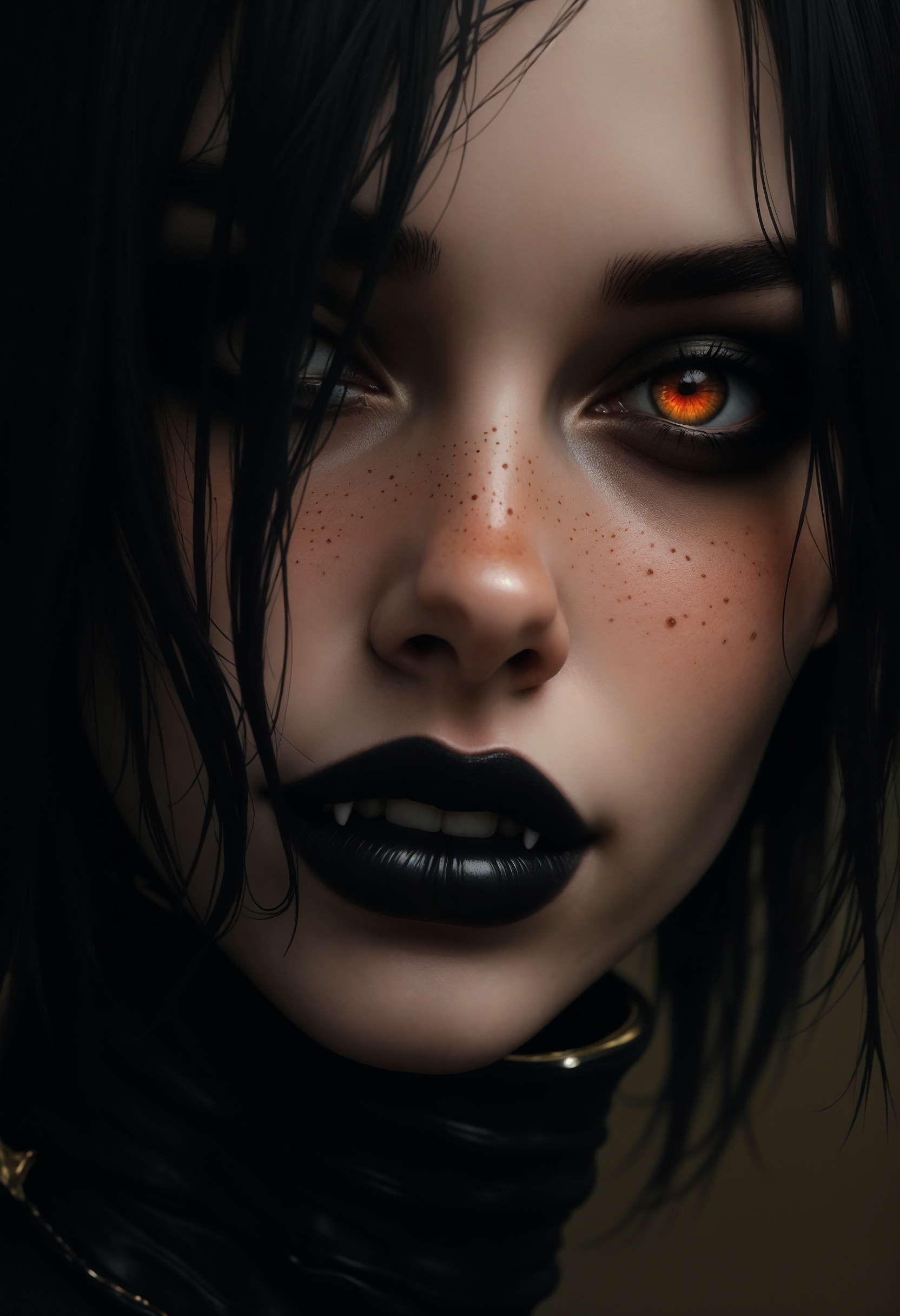 best quality, extremely detailed, highest quality, intricate linework, intricate details, detailed face, realistic photographic portrait of a stunningly beautiful woman, detailed eyes, serana, skyrim, vampire, black hair, freckles, fangs, red eyes, slit pupils, orange eyes, yellow eyes, glowing pupils, glowing eyes, sharp fingernails, black lips, , Cinematic Hollywood Film, Cinematic Hollywood Film style, Warm Lighting Style, Goth girl, Goth girl 1girl, reddit, low quality, traditional media, amateur, real life photo, raw, film grain, perfecteyes
<lora:FluxF4ngs:1>