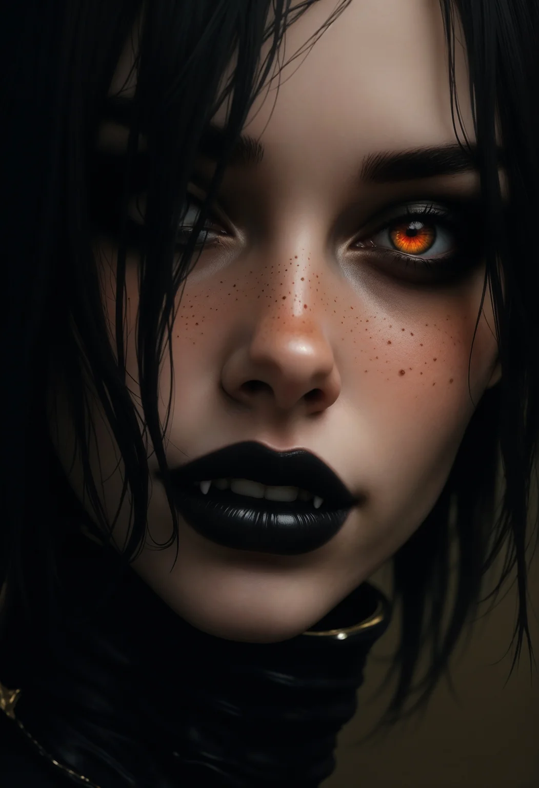 best quality, extremely detailed, highest quality, intricate linework, intricate details, detailed face, realistic photographic portrait of a stunningly beautiful woman, detailed eyes, serana, skyrim, vampire, black hair, freckles, fangs, red eyes, slit pupils, orange eyes, yellow eyes, glowing pupils, glowing eyes, sharp fingernails, black lips, , Cinematic Hollywood Film, Cinematic Hollywood Film style, Warm Lighting Style, Goth girl, Goth girl 1girl, reddit, low quality, traditional media, amateur, real life photo, raw, film grain, perfecteyes
<lora:FluxF4ngs:1>
