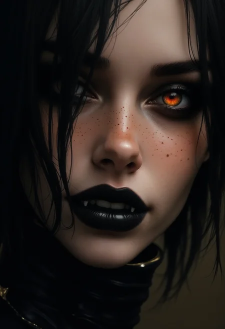 best quality, extremely detailed, highest quality, intricate linework, intricate details, detailed face, realistic photographic portrait of a stunningly beautiful woman, detailed eyes, serana, skyrim, vampire, black hair, freckles, fangs, red eyes, slit pupils, orange eyes, yellow eyes, glowing pupils, glowing eyes, sharp fingernails, black lips, , Cinematic Hollywood Film, Cinematic Hollywood Film style, Warm Lighting Style, Goth girl, Goth girl 1girl, reddit, low quality, traditional media, amateur, real life photo, raw, film grain, perfecteyes
<lora:FluxF4ngs:1>