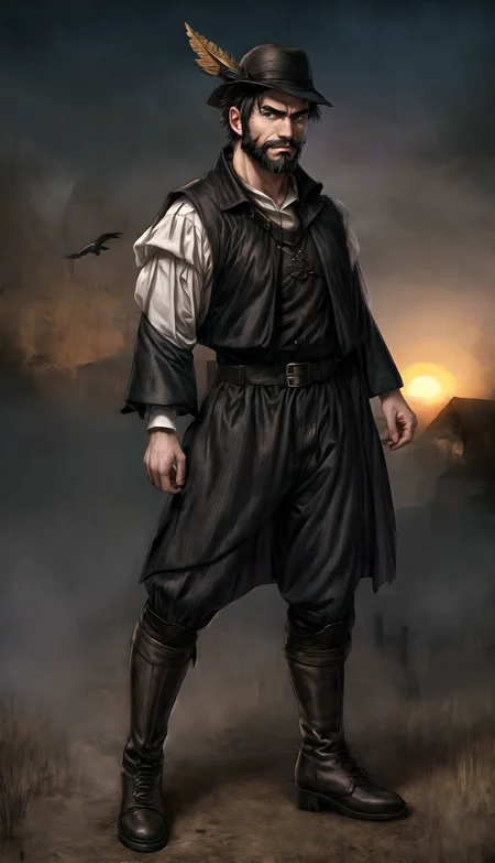 medieval, fantasy, spooky, dusk, (medieval village background:1.2),
straight-on, full body, male, strong, confident and relaxed pose, arrogant stare, (black eye color:0.7), brown eye color, black hair, short big nose, stubbed beard, rounded jaw, looking at viewer, arrogant, black hair, feathered hat, hat feather, wearing a medieval vest, medieval boots,
HD, very detailed,
<lora:more_details:1.0>,  <lora:Medieval_Headwear:1.0> mehe,  <lora:Darkness:0.6> darkness,  <lora:Bloodborne:0.3>