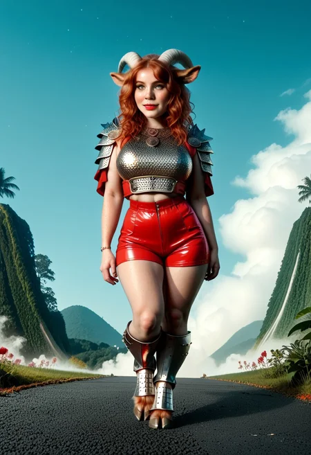 A 35mm photo of a petite beautiful 25 year old redhead , pretty human face, green eyes, freckles, goat fur all over her body, walking on a crushed gravel path in a misty ancient temple, she is surrounded by pretty wildflowers, petite round hips, soft flat tummy, soft curvy petite thighs, very busty petite woman, wearing a red goat armor, she is a goat woman, goat fur covering all of her skin, digitigrade goat hooves, goat ears, purple armor, red crystal in armor, goat armor, gloss. goat tail, her arms have become goat arms, full leather scale armor, yellow goat eyes, armor shorts