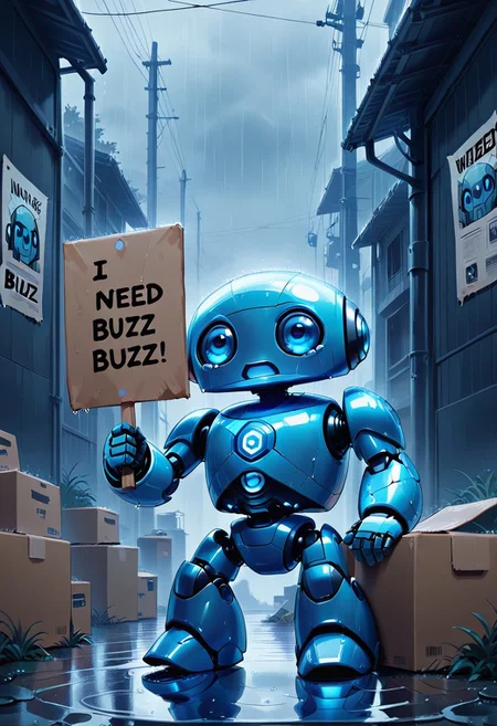(score_9, score_8, score_7), masterwork, masterpiece, best quality,
a small blue robot sitting on the ground in an alley, holding a cardboard sign that says "I need buzz". The sign is handwritten in clear black marker. The robot looks sad and lonely. Background: narrow wet alley, cardboard boxes, torn posters, cinematic lighting.,CivBot, blue robot, buzz, raining, rain, wet, screaming, open mouth, crying with eyes open