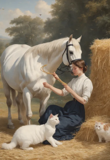 (highres lowres:1.1) (a young woman in a jockey suit combing a horse's mane, a pile of straw lying nearby, a white cat sleeping on a pile of straw, birds and butterflies flying in the air:1.1)