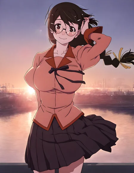 <lora:illustrious_XL_hanekawa:0.9>,hanekawa,masterpiece,best quality,good quality,newest,huge filesize,1girl,solo,school uniform,naoetsu_high_school_uniform,hair_flaps,puffy long sleeves,black skirt,pleated skirt,collarbone,city,street,ocean,reflection of light on the water surface,horizontal line,dusk,hair fluttering in the wind,adjusting_hair,wind_lift,cowboy_shot,looking_at_viewer,lens_flare,smile,rim light,standing,