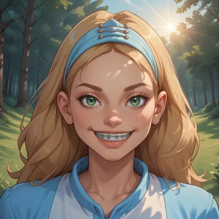 score_9, score_8, BREAK, solo, Sharon_Spitz_(Braceface), long hair, blonde hair, green eyes, blue hairclip, silver braces, blue crop top, midriff, navel, blue denim jeans, sandals, self portrait, smile, looking at viewer, outdoors, sunlight, shadows, evening lighting, natural lighting, forest, trees, grass, orange sky, sunset