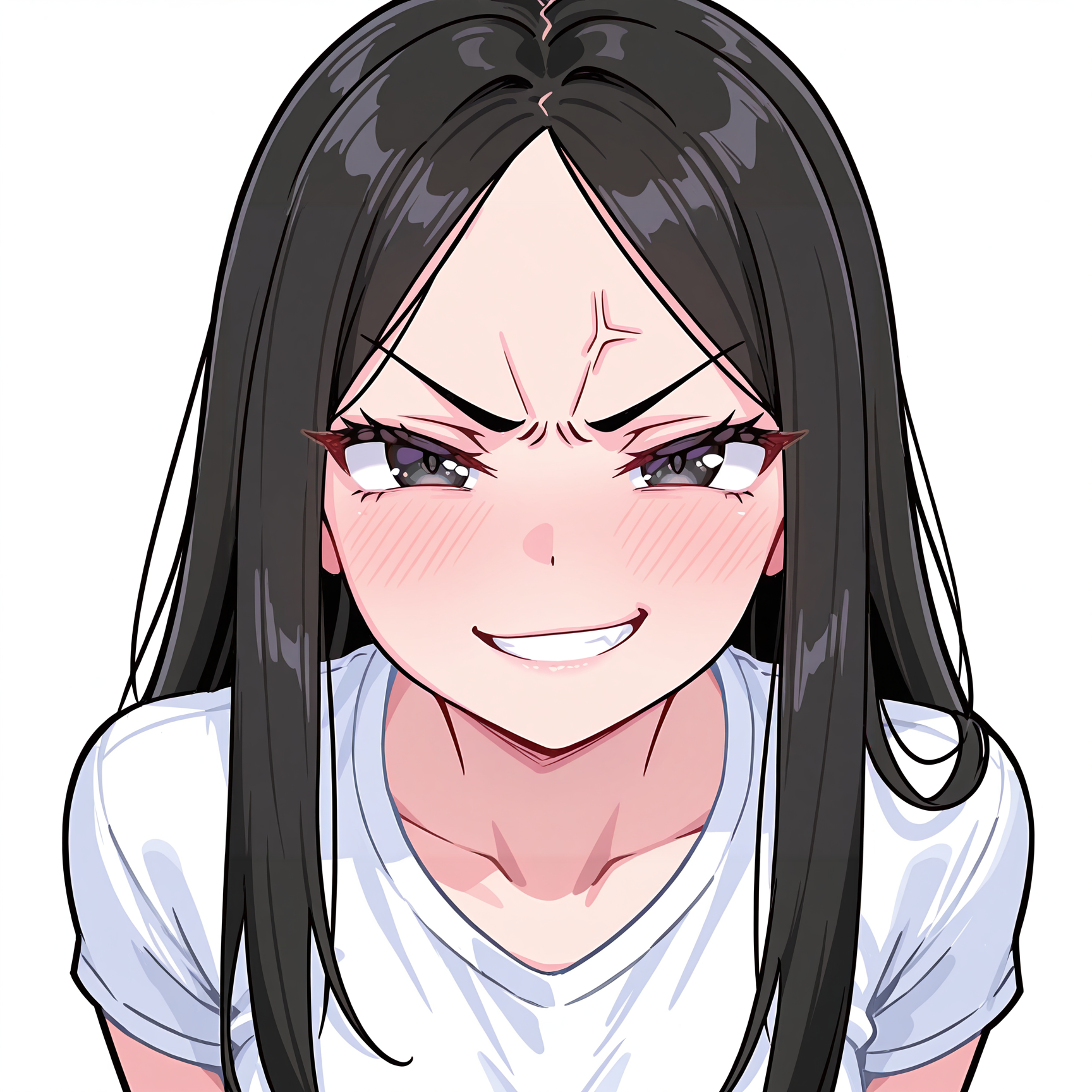masterpiece,best quality,amazing quality, BREAK, 1girl, black hair, long hair, white shirt, angry, seductive smile, looking at viewer, white background <lora:SorakaLoLLXL:1>, (solo), front view, upper body, EmoteStyleILXL <lora:EmoteStyleILXL:1>