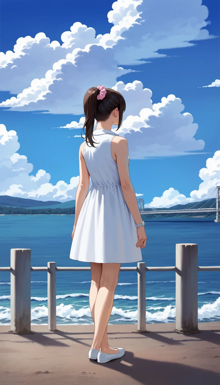 score_9,score_8_up,score_7_up,<lora:miiyamotoHikari:0.8>,
miiyamotohikari,
1girl,solo,black hair,ponytail,bangs,pink scrunchie,brown eyes,sleeveless white dress,white collar,white wristwatch,white flat shoes,medium breasts,
outdoors,blue sky,sea,cloud,street,railings,distant large bridge,distant mountains,clear blue sky,soft clouds drifting,summer,beautiful landscape,vignetting,blurry background,