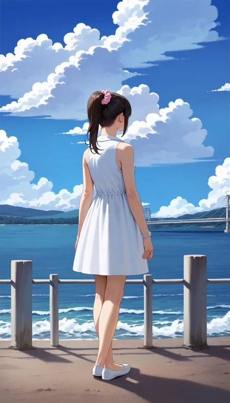 score_9,score_8_up,score_7_up,<lora:miiyamotoHikari:0.8>,
miiyamotohikari,
1girl,solo,black hair,ponytail,bangs,pink scrunchie,brown eyes,sleeveless white dress,white collar,white wristwatch,white flat shoes,medium breasts,
outdoors,blue sky,sea,cloud,street,railings,distant large bridge,distant mountains,clear blue sky,soft clouds drifting,summer,beautiful landscape,vignetting,blurry background,