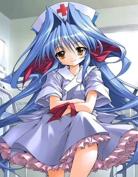 score_9, score_8_up, score_7_up, source_anime, rating_explicit, BREAK  <lora:Shion_mahjong_XL:1> Shion_mahjong, very long hair, blue hair, hair bow, hair intakes, brown eyes,  short stack,
nurse, nurse cap, red cross, hospital,
smile,
looking at viewer, 
cowboyShot,
