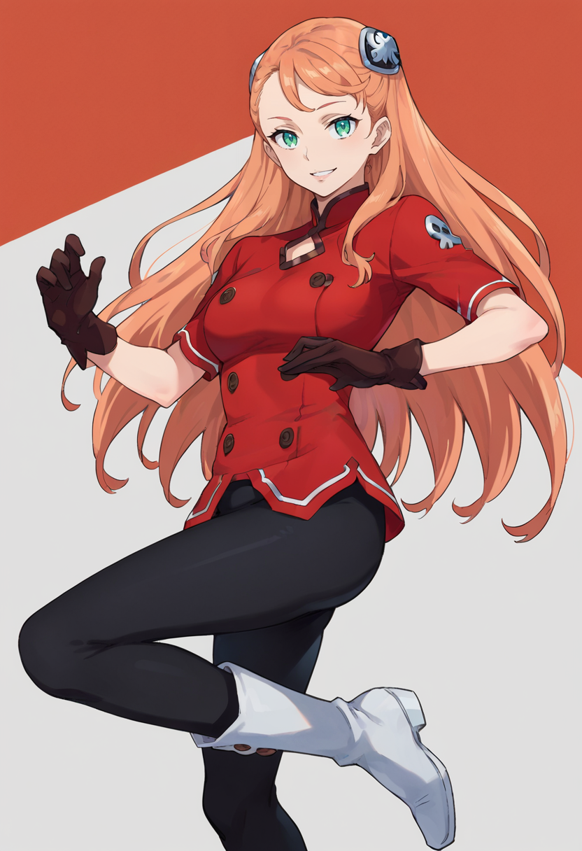score_9,score_8_up,score_7_up,anime coloring BREAK source_anime,anime,<lora:Aida_Rayhunton:0.8>,aida,1girl,solo,green eyes,hair ornament,orange hair,long hair,red shirt,black pants,gloves,boots,smile,dancing,multicolored background,looking at viewer,