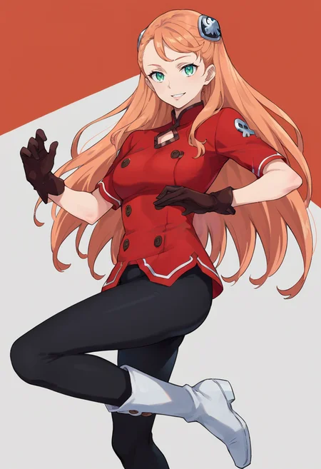 score_9,score_8_up,score_7_up,anime coloring BREAK source_anime,anime,<lora:Aida_Rayhunton:0.8>,aida,1girl,solo,green eyes,hair ornament,orange hair,long hair,red shirt,black pants,gloves,boots,smile,dancing,multicolored background,looking at viewer,