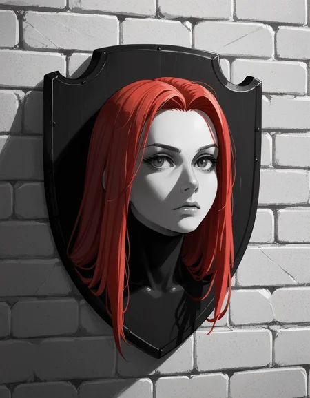 Silhouette style score_9, score_8_up, score_7_up, score_6_up, score_5_up, score_4_up, 1girl, long red hair, plump, hud_tr0phy, trophy head, brick wall <lora:hud_tr0phy_XLP2:0.8>, . High contrast, minimalistic, black and white, stark, dramatic