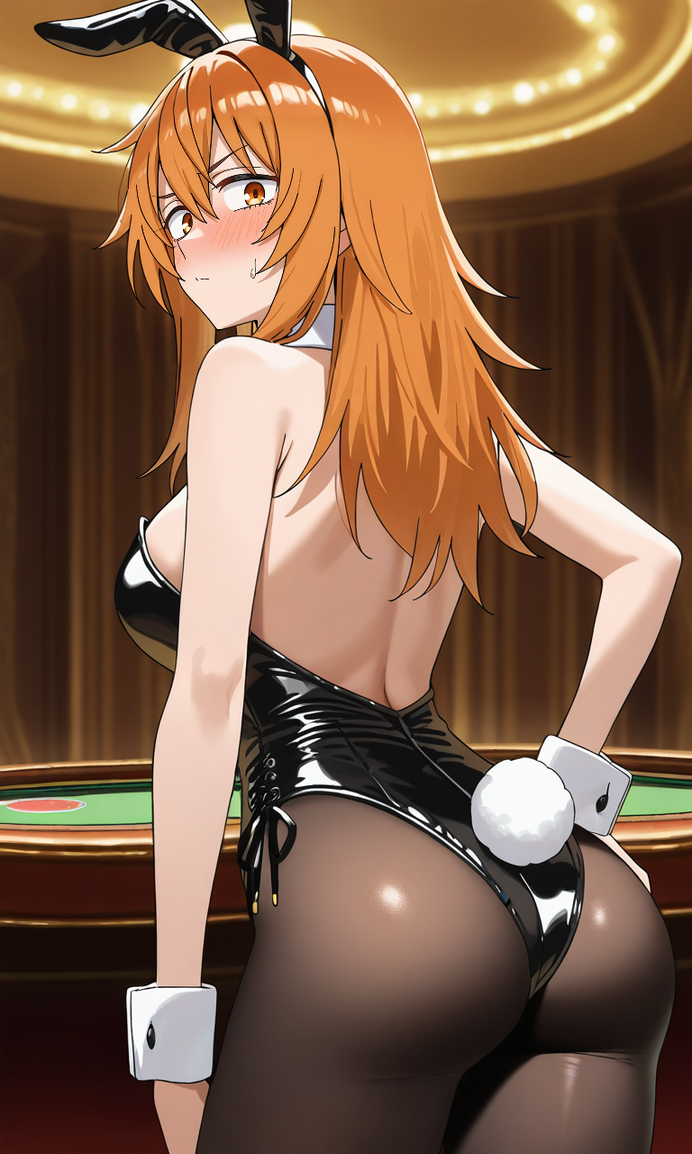 masterpiece, best quality, high resolution, absurdres, solo, 1girl, gamou_maki, orange_eyes, orange_hair, long_hair, hair_between_eyes, medium_breasts, bunny_suit, black_leotard, black_pantyhose, hand_on_own_hip, from_behind, back, ass, looking_at_viewer, casino, blush,