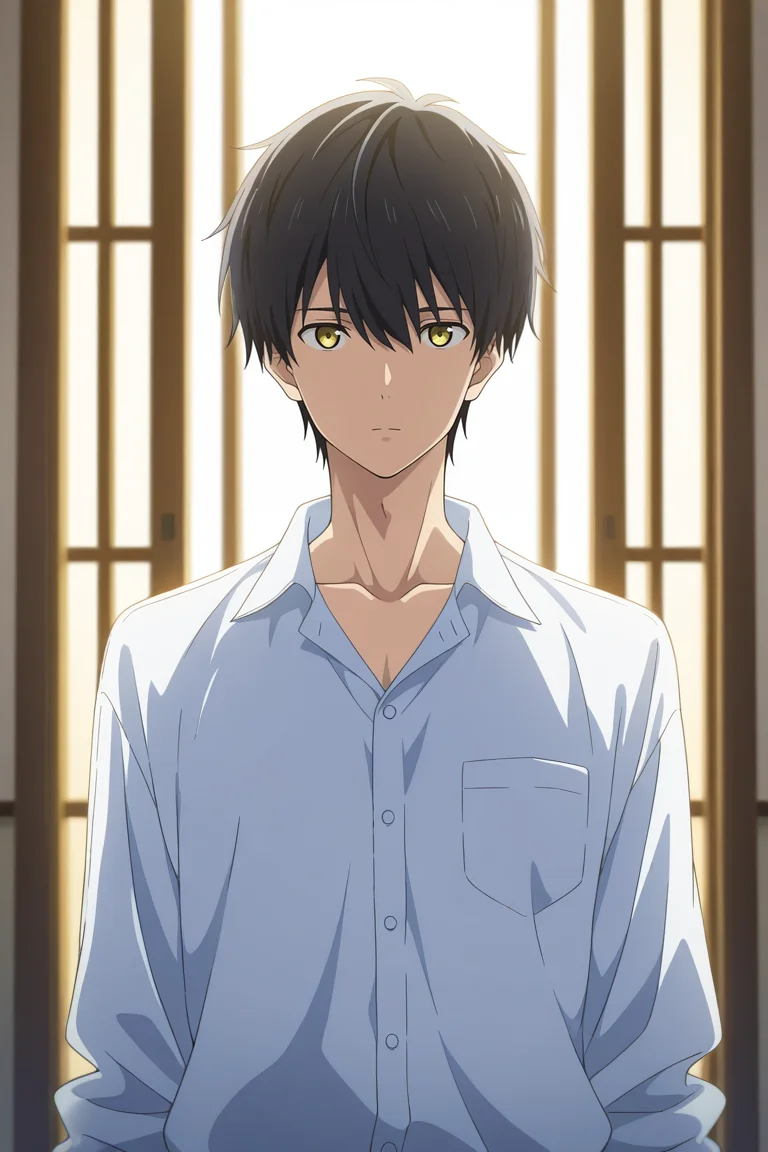 masterpiece, best quality, amazing quality, very aesthetic, high resolution, ultra-detailed, absurdres, newest, scenery, volumetric lighting, depth of field,anime screencap, , , 1boy, solo, male focus, <lora:kuro:0.80>, kuro sakuragawa,black hair,yellow eyes,short hair,looking at viewer,shirt, expressionless,closed mouth, white shirt, upper body, collared shirt,collarbone,buttons,white background