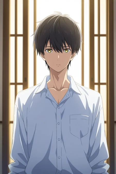 masterpiece, best quality, amazing quality, very aesthetic, high resolution, ultra-detailed, absurdres, newest, scenery, volumetric lighting, depth of field,anime screencap, , , 1boy, solo, male focus, <lora:kuro:0.80>, kuro sakuragawa,black hair,yellow eyes,short hair,looking at viewer,shirt, expressionless,closed mouth, white shirt, upper body, collared shirt,collarbone,buttons,white background