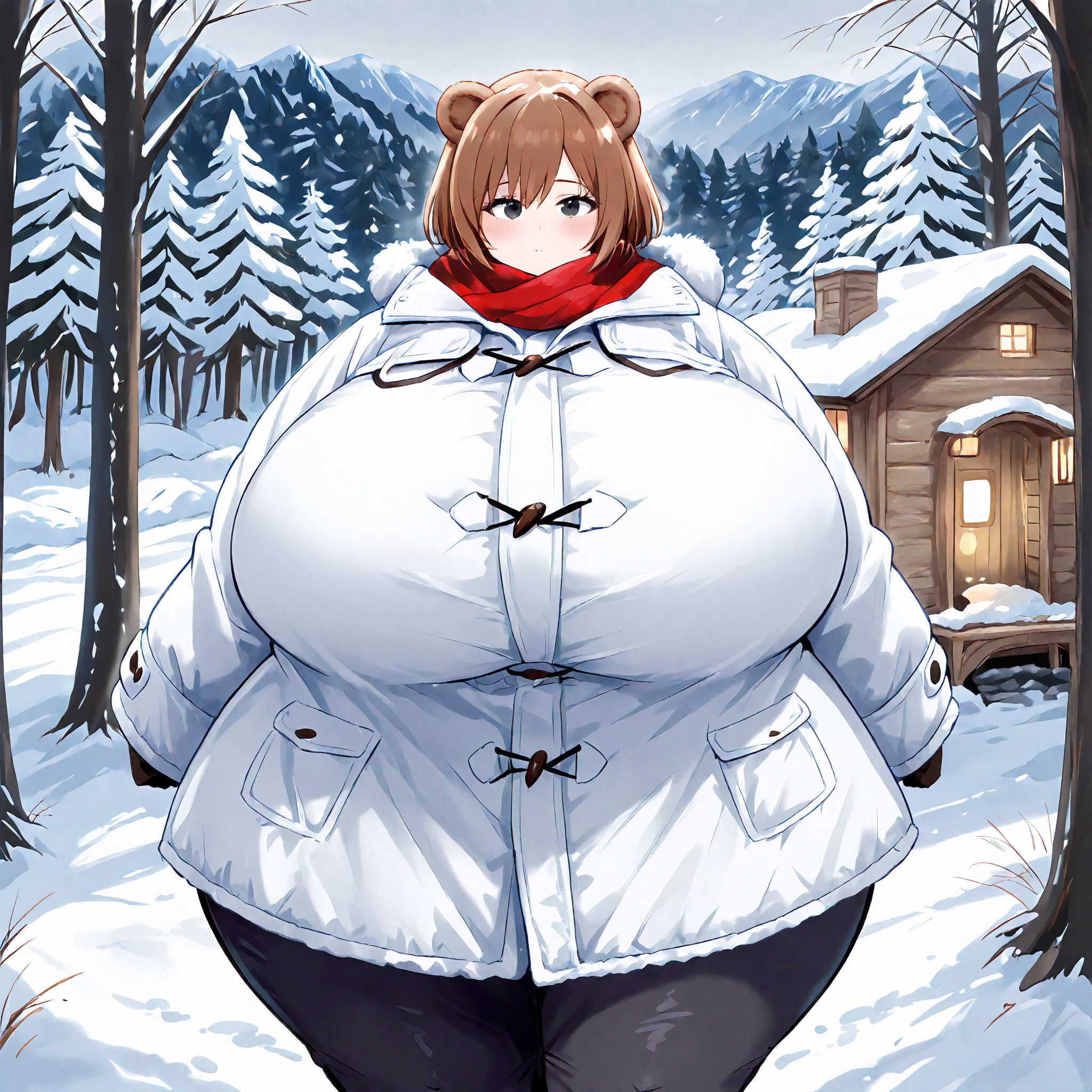 (masterpiece), best quality, (highly detailed), 1female, solo, <lora:TheBreadGuardian_style_Illustrious:0.8>, bear ears, brown hair, black eyes, gigantic breasts, wide hips, white winter coat, pants, fitting clothes, forest, snow, cabin, red scarf, looking at viewer, blank expression,