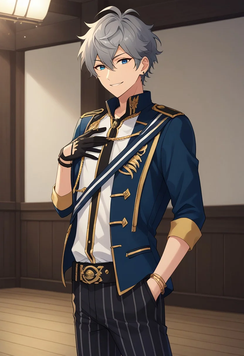 score_9, score_8_up, score_7_up, source_anime, highly detailed,
izumisena, 1boy, male focus, solo, grey hair, upper body, jewelry, smile, bracelet, idol clothes, striped, pants, earrings, looking at viewer, striped pants, hand on own chest, knights uniform, glove, single glove, black glove,
indoor, stage, stage lights