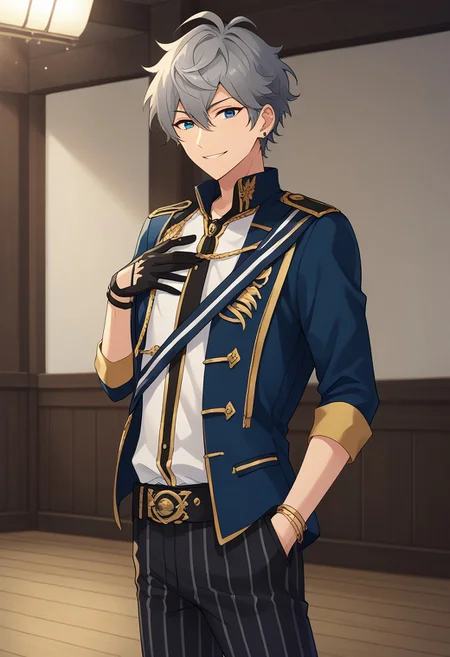 score_9, score_8_up, score_7_up, source_anime, highly detailed,
izumisena, 1boy, male focus, solo, grey hair, upper body, jewelry, smile, bracelet, idol clothes, striped, pants, earrings, looking at viewer, striped pants, hand on own chest, knights uniform, glove, single glove, black glove,
indoor, stage, stage lights