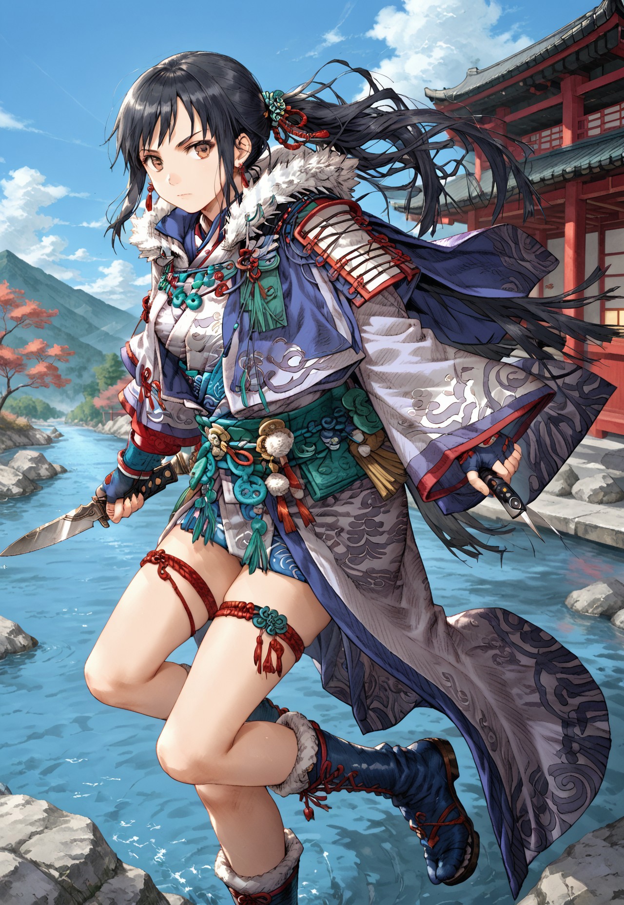1girl ,solo ,weapon, long hair,brown eyes, ponytail, black hair, holding weapon, fur trim,  jewelry, earrings,pharm, knife, anime art ,peacock robe ,peackock feathers, feathers, thigh strap right foot ,boots, buckle, pattern on clothes, cape, fingerless gloves, asymmetrical sleeves, robe only covering left foot, shoulder guard right shoulder, hair ornament, ponytail, outside, sky, japanese house, river