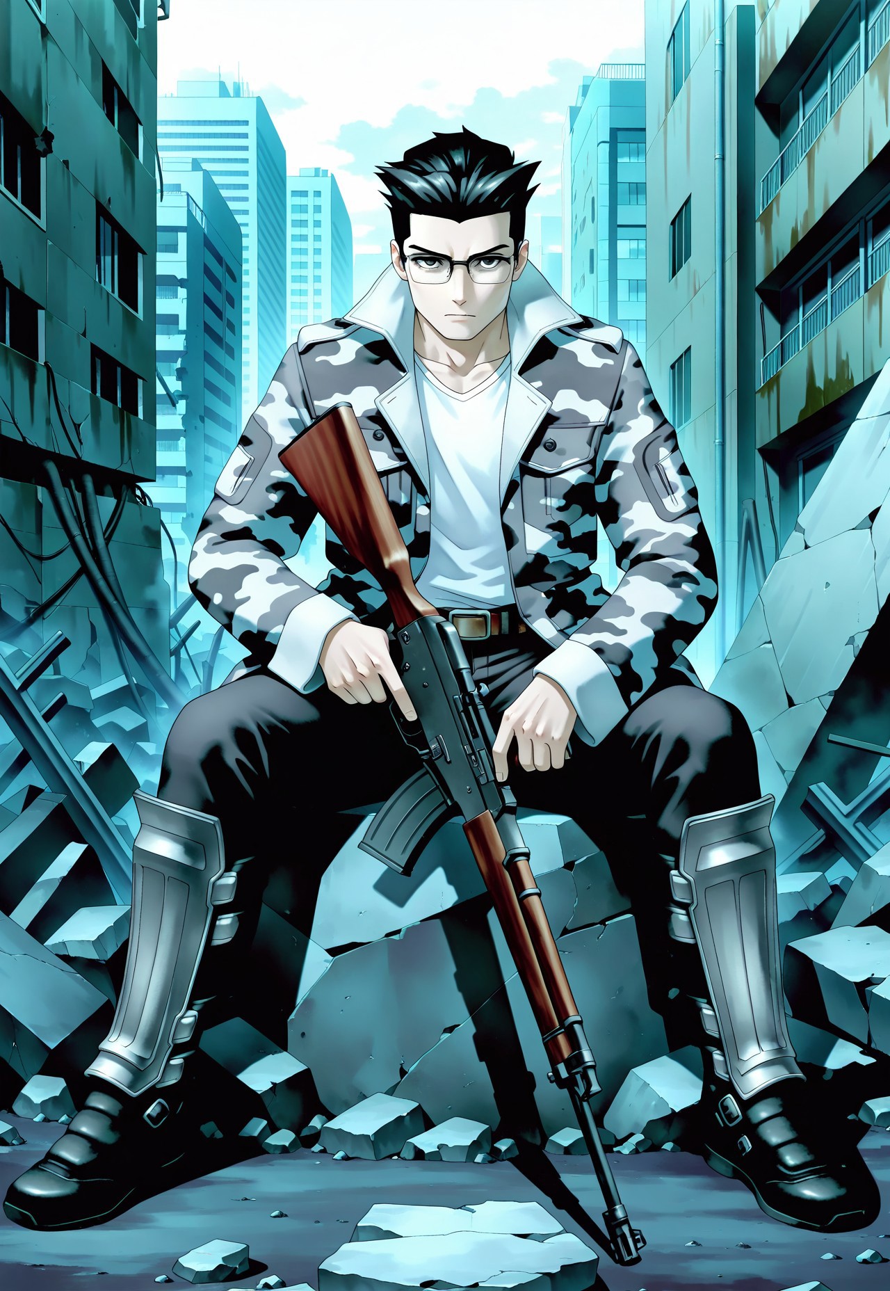masterpiece, best quality, amazing quality, very aesthetic, absurdres, newest, chaoshsmtilxl sat on a mountain of rubble holding a rifle, 1boy, male focus, black hair, raised hair, hair slicked back, widow's peak, white shirt, gray camouflage coat, black eyes, black pants, greaves, glasses, belt, looking at viewer, holding rifle, sitting, sat down, rubble, post-apocalyptic, dystopian, dramatic, ruined city backdrop, gray skies, camouflaged sleeves