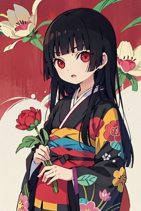 enma ai, hair down, hair black, bangs, eyes red, masterpiece, best quality, ultra-detailed, illustration, 1girl, solo, highres, photorealistic, ultra high res, (Original illustration composition), (fusion of limited color, Maximalism artstyle, kimono obi fashion, double exposure, background, illustration, Amazing, lily spider, night darkness, open one's mouth, finger, flowers red, (polychromatic peony:1.15), Movie poster,