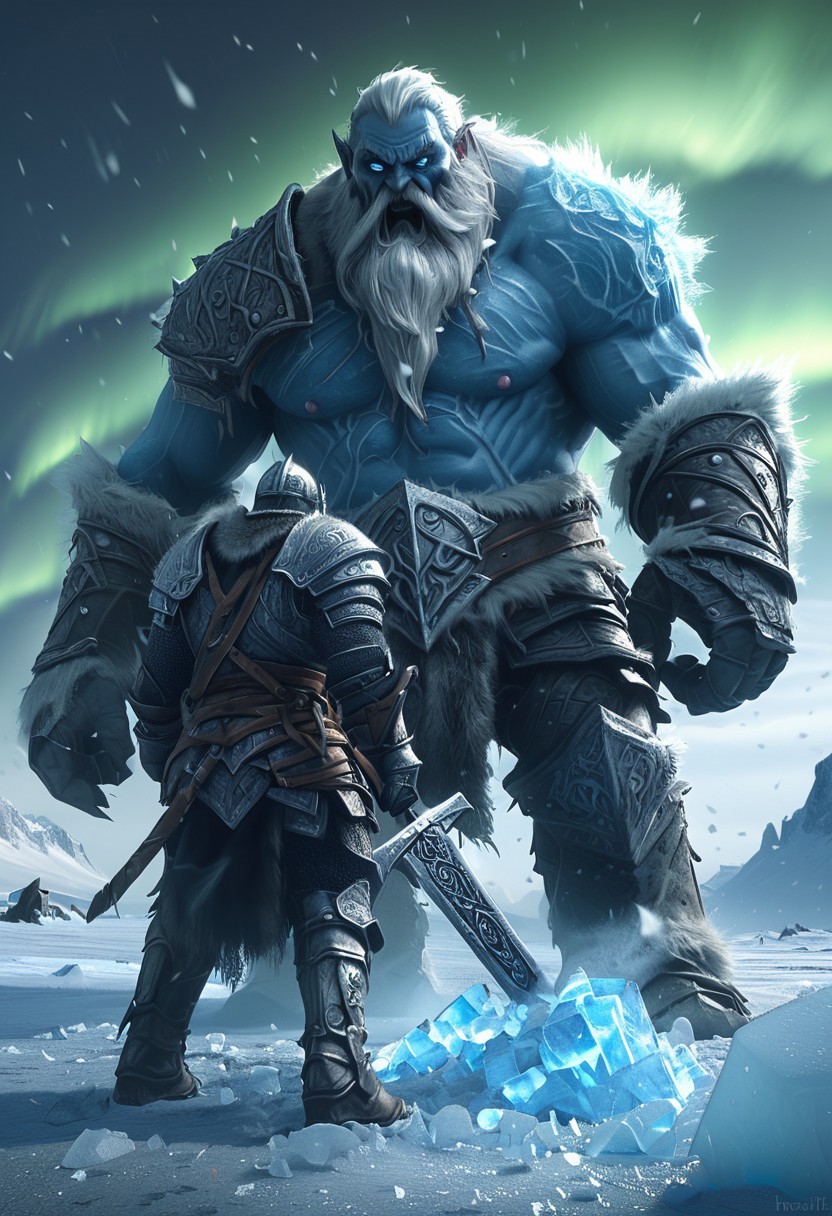 Frost Giant Warlord: On an icy tundra beneath the Northern Lights, the Frost Giant Warlord swings his massive, rune-carved axe, summoning ice shards from the frozen ground. His breath freezes the air, and every step shakes the snow-covered battlefield. To bring him down, you must shatter the runes empowering his armor and avoid his crushing blows that can bury you beneath the ice,
Bosstyle<lora:CyberRealistic_Negative-neg:1>  <lora:detailed_notrigger:1>  <lora:XL_boss_battle:1>