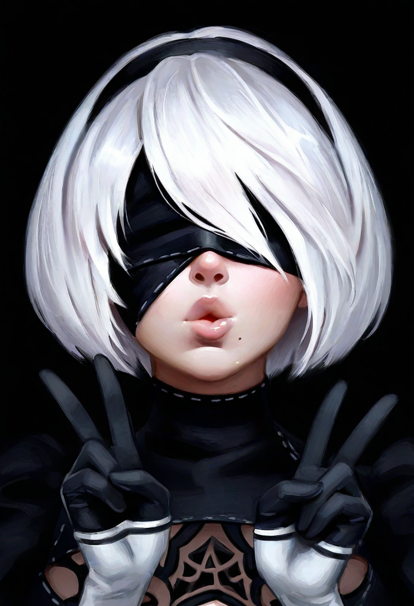 zeb1jy,  masterpiece, semi-realism,  best quality, solo,                                 2B (Nier Automata), white hair, blindfold, faceshot, choker, double v, tongued, puckered lips,