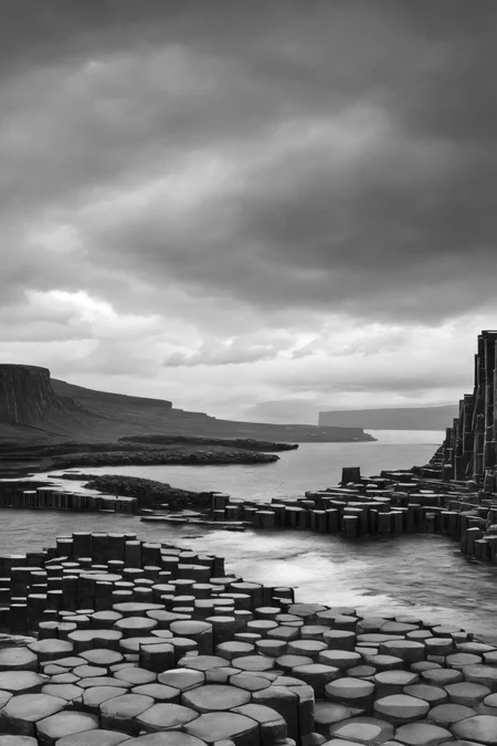 A panoramic view of the Giant's Causeway under a stormy sky, with dramatic lighting highlighting the unique basalt columns., illustration, 3d, cartoon,
high resolution, high quality, detailed, masterpiece, hdr, sharp,
[Impressionism style],[ basety style], 
amazing, beautiful, breathtaking, astonishing, brilliant, incredible,