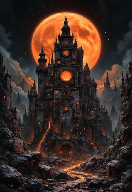 A graphic illustration, black and white, of a mountain landscape and the colosseum with a brilliant orange Moon, Halloween Theme. d1eselc0re gl1tchc0re scenery aidmasoftglow