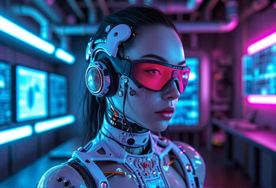 A close-up of a cybernetic character with intricate facial implants and neon-lit goggles. The setting is indoors in a sterile, industrial room with clean surfaces and crisp lighting. The lighting is vibrant, emphasizing blue and pink neon glows for a cool, digital atmosphere. Surfaces and materials in the environment are textured with industrial metal panels and clean concrete for a non-reflective look. Monitors and screens display complex data with bright, crisp visuals and no glistening reflections. The atmosphere is dry, focused on cybernetic detail and precision. Characters are posed in confident, tech-focused positions, standing tall or working intently with their surroundings.<lora:bv-cybstyenh-v1.safetensors:1.0:1.0>