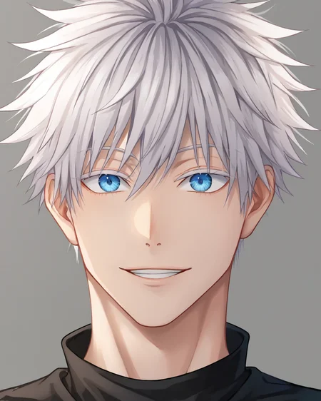 <lora:gojou_satoru_pony:1>,white hair,parted_lips, grey_background, black_shirt, gojou_satoru, smile, portrait, commentary, simple_background, solo, 1boy, turtleneck, highres, male_focus, long_neck, looking_at_viewer