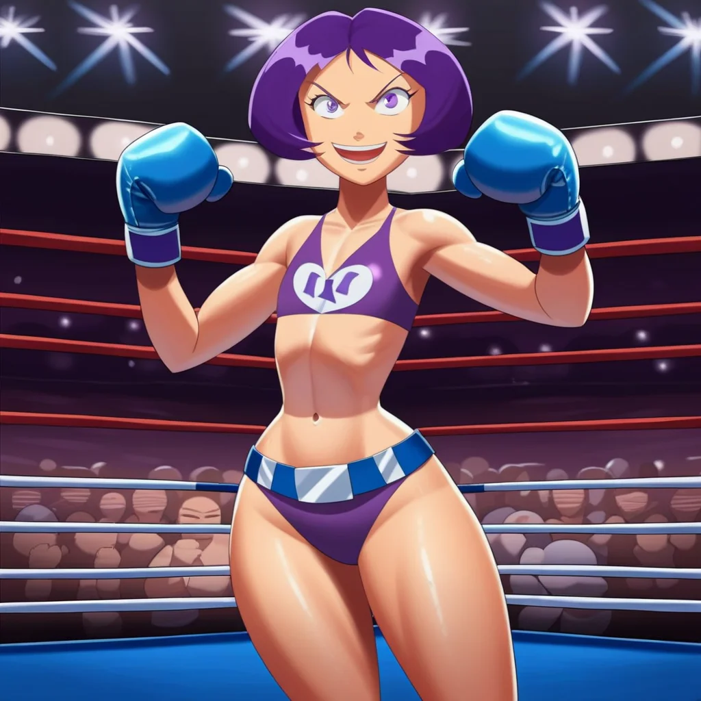 score_9, score_8_up, score_7_up, score_6_up, score_5_up, score_4_up, BREAK, madison_ts, purple hair, short hair, bangs, purple eyes, purple eyebrows, pink lipstick, makeup, large breast, mature female, flat chest, wide hips, narrow waist, amazonian body, 18 years old, 1girl, solo, wearing purple boxing gloves, boxing arena, boxing ring, full body, wearing purple bikini, navel, smile, open mouth, detailed background, crowd, pose, victory celebration, championship belt, washington d.c., stadium, detailed background, anime, source_anime, 2000's style <lora:Madison_Totally_Spies:0.8>