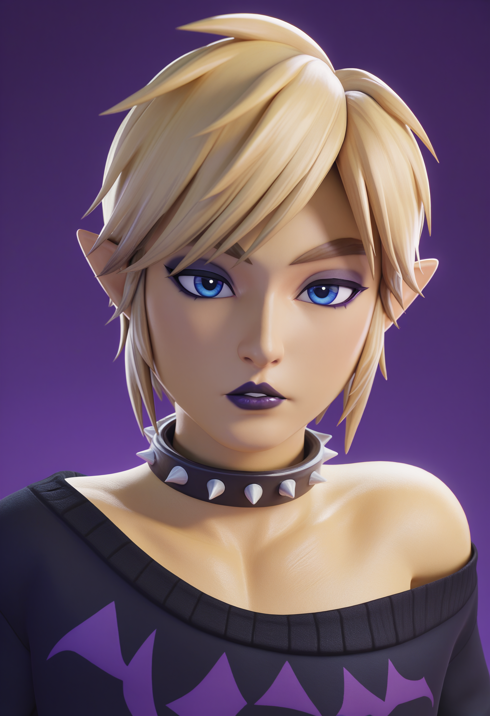 score_9, score_8_up, score_7_up, <lora:fugtrup-guy-PONY-LyCORISv1:1>, 1boy, solo, link, gothic, 3d, otoko no ko, spiked collar, portrait, indoors, purple background, looking at viewer, sweater, off shoulder, close-up, mature female, lipstick, parted lips, dark background, makeup