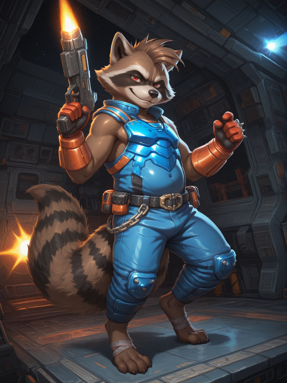 <lora:RocketRaccoon-normal-illustriousXL-000012:0.8>,rocket raccoon,furry,1boy,solo,plump,red eyes,combat uniform,gloves,belt,pants,bandage,feet,mohawk,fighting_stance,holding gun,space station,cover,looking_at_viewer,full body,digital painting,artwork,anime style,masterpiece,best quality,amazing quality,