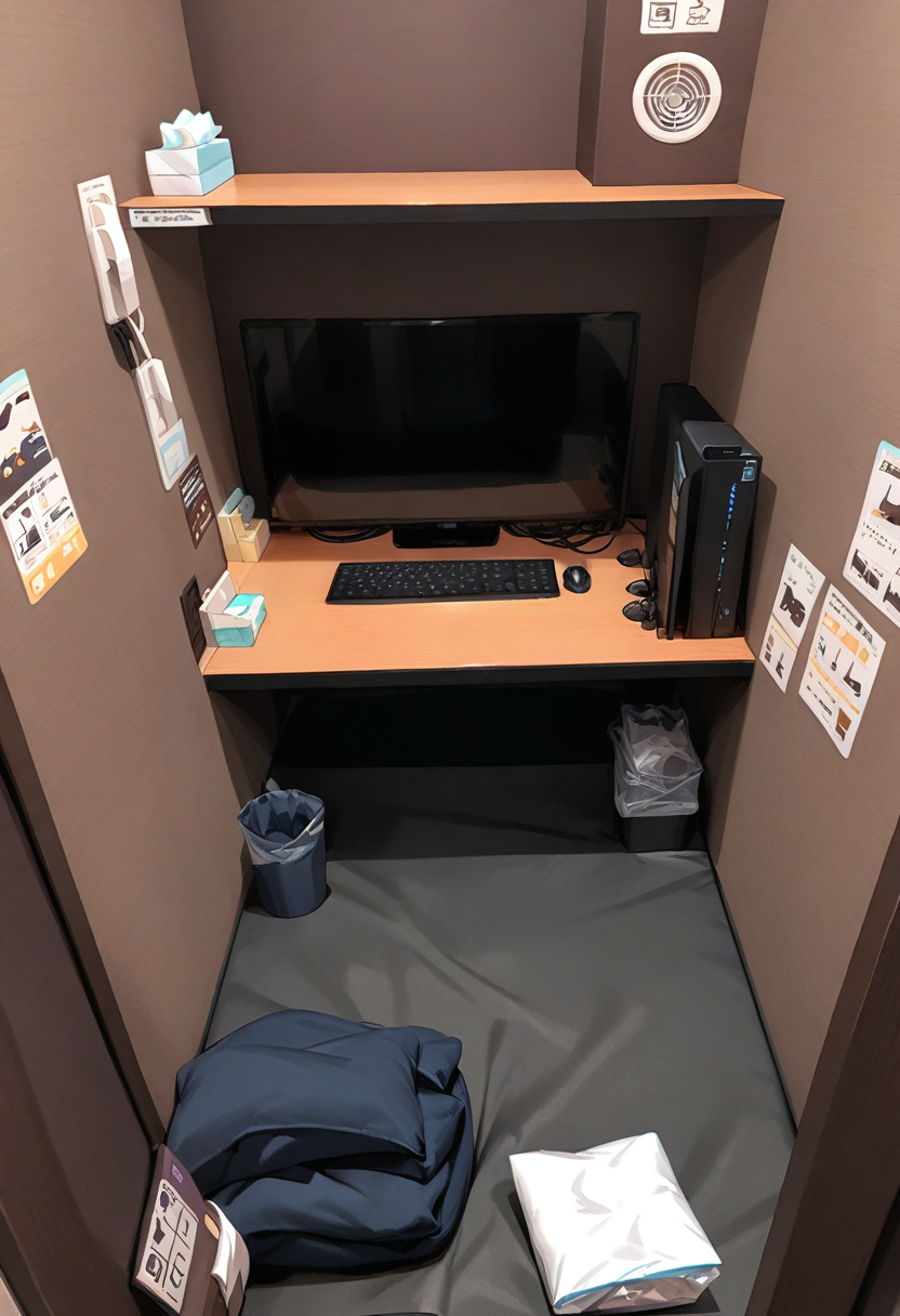 masterpiece, best quality, very aesthetic, absurdres,
necafe, scenery, indoors, tissue, keyboard (computer), door, monitor, mouse (computer), tissue box, desk
 <lora:netcafe_SDXL_V1:1>