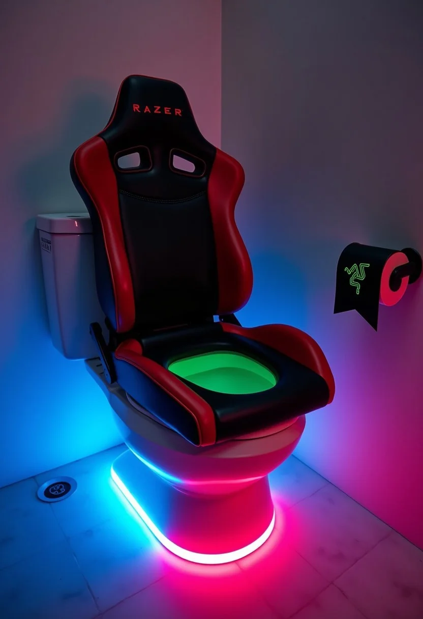 An ultra-realistic photo of a gaming-themed toilet setup, featuring a black-and-red racing-style gaming chair fitted directly onto the toilet seat. The setup includes vibrant RGB LED lighting around the base of the toilet, casting a colorful glow across the floor in classic gamer style. Mounted on the wall beside the toilet is a roll of toilet paper, but with an over-the-top twist—it's branded with the iconic 'RAZER' logo in green and black.