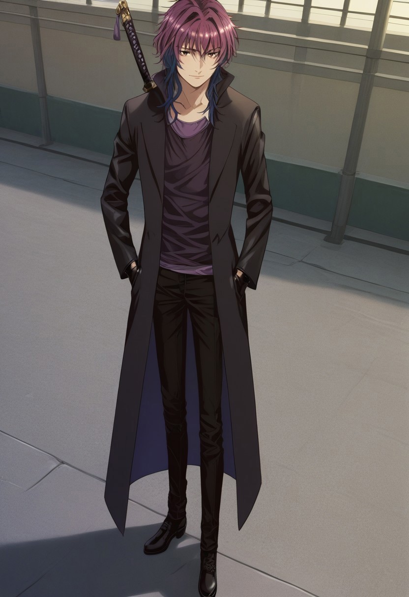 score_9, score_8_up, score_7_up, source_anime, highly detailed, 

yukari, 1boy, male focus, solo, multicolored hair, purple hair, blue hair, long hair, brown eyes, shirt, black shirt, purple shirt, long sleeves, pants, black pants, coat, black coat, gloves, black gloves, katana, weapon, sword on back, shoes, black footwear


outdoor,