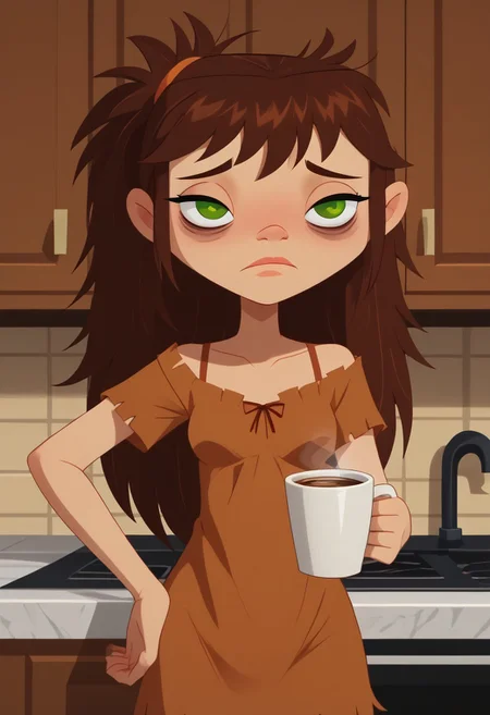 score_9, score_8_up, score_7_up, 1girl, solo,
brown hair, green eyes, hair down, long hair,
perfect hands, show accurate, perfect anatomy, med body,
indoors, small perky breasts, kitchen, hand on hip, loose clothing, wear only nightgown, holding a cup of coffee in hand, sleepy eyes, bags under eyes, loose clothes,