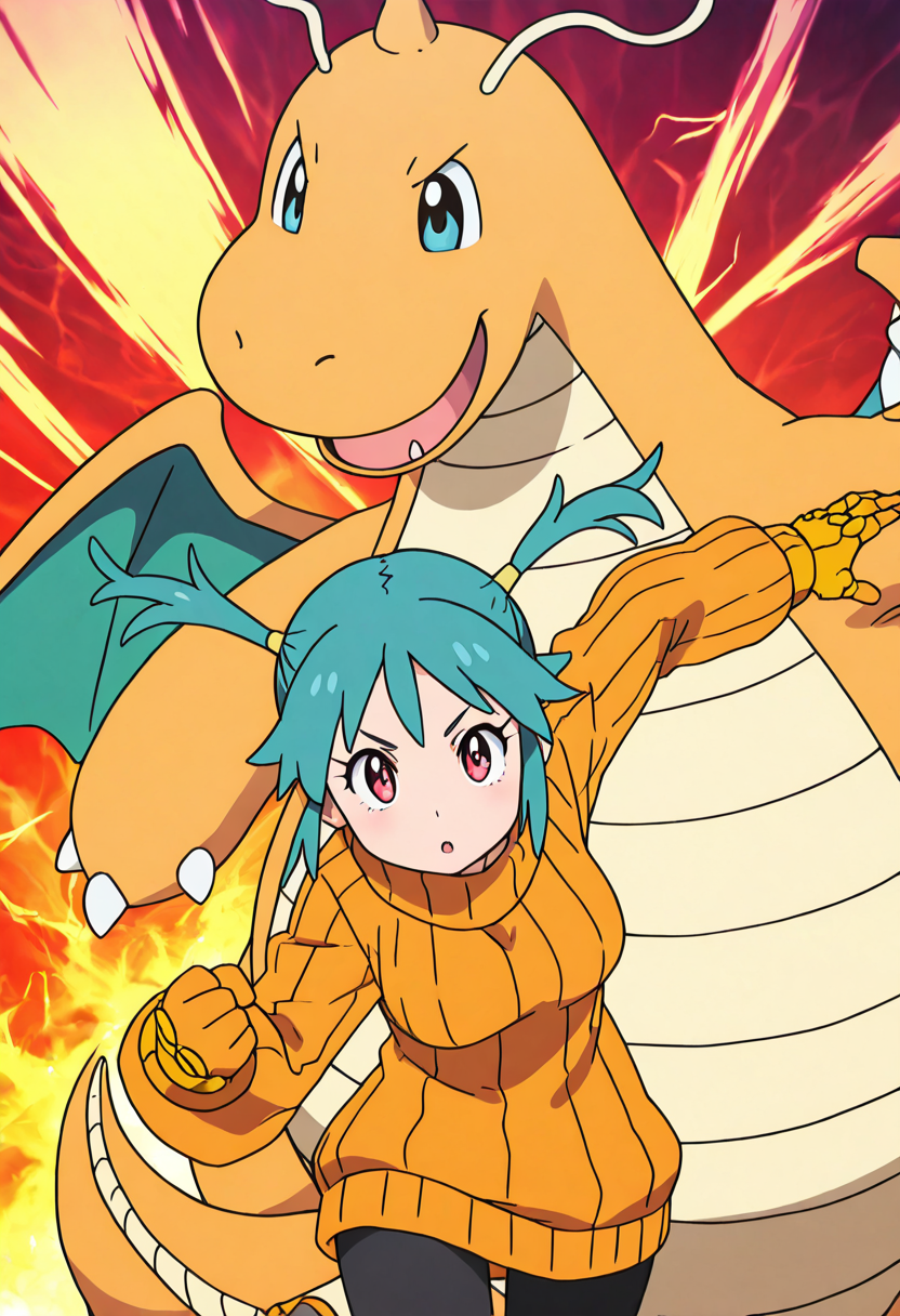 masterpiece, best quality, 1girl, solo, eyelashes, (beautiful eyes), dynamic pose, anime screencap,  zzDragonite, 1girl, solo, aqua hair, twintails, dragon girl, orange scales, dragon wings, dragon tail, orange gauntlets, ribbed sweater, oversized sweater,  ,<lora:DragonitePokedex_IXL_v1:1.0>,
