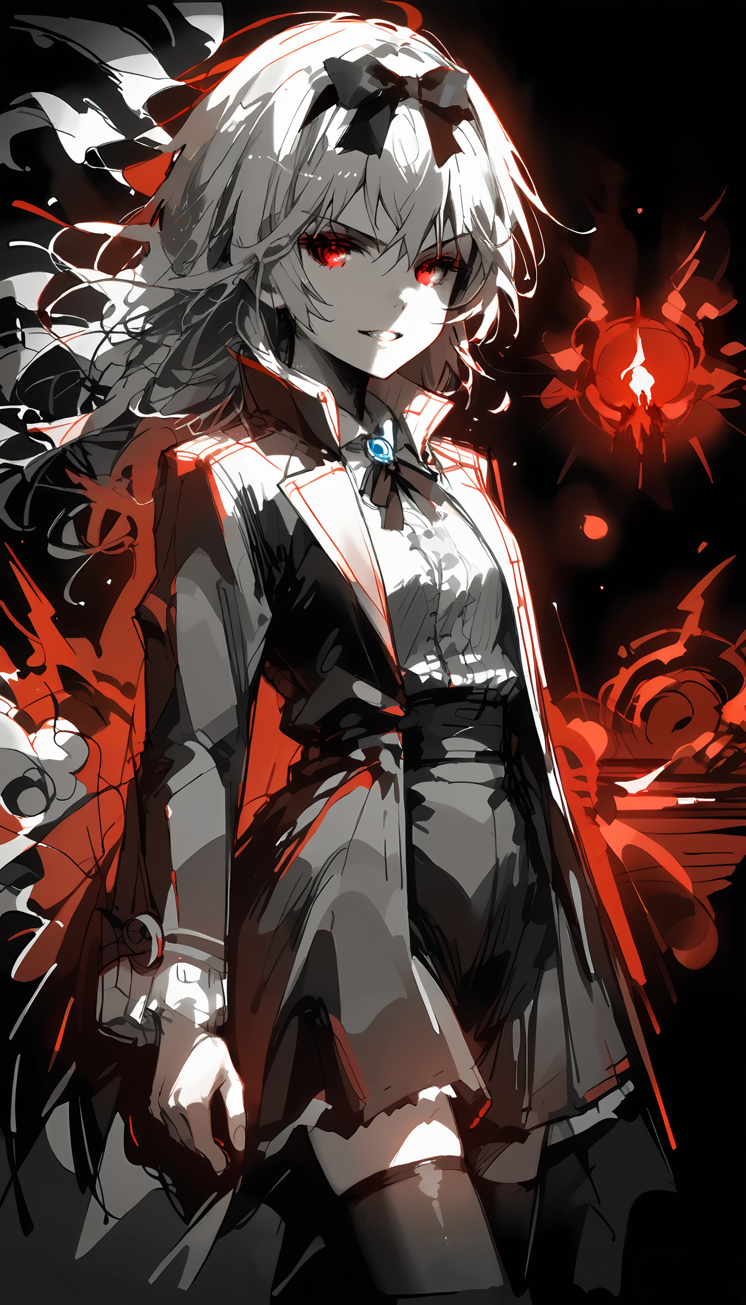 score_9, score_8_up, score_7_up,source_anime,1girl,Yue,(red sketch,monochrome,black background,black theme),confident pose,hair swirling in wind, hair swirling in intricate patterns,light evil grin,dress,shirt, (skirt), coat, black thighhighs, black hairband, hairbow, neck ribbon,looking at viewer,enshrouding darkness,hell landscape,lingering shadows,breathtaking scenery