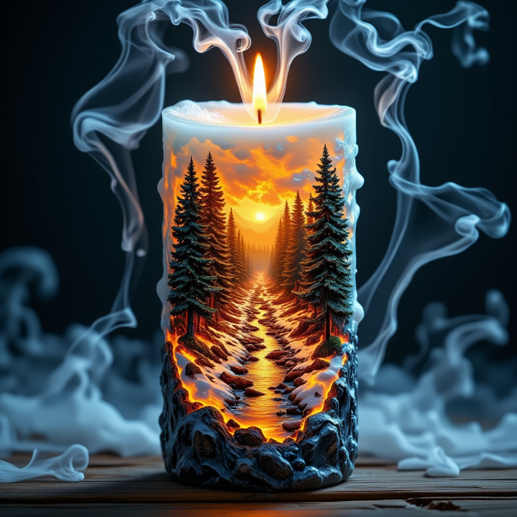 Mysticspatterns,
**Overall Impression**
The image presents a fantastical candle design, encapsulating a vivid scene of a snowy forest landscape being consumed by fire. The candle flame serves as the focal point, with the internal landscape providing a surreal and dramatic visual experience.
**Detailed Analysis**
*   **Composition:**
    *   The composition is vertically oriented, emphasizing the height of the candle and the internal landscape.
    *   The candle itself acts as a frame, containing the dynamic scene within.
    *   The flame is positioned near the top, drawing the eye upward and providing a natural focal point.
    *   The internal landscape is arranged to create depth, with elements receding into the background.
*   **Lighting:**
    *   The primary light source is the candle flame, casting a warm, orange glow.
    *   The fire within the landscape provides additional warm light, contrasting with the cool tones of the snow and ice.
    *   Subtle highlights and shadows are present on the snow-covered trees and rocks, adding dimension and realism.
    *   The smoke adds to the lighting effects, creating a soft, diffused glow around the flame.
*   **Colors:**
    *   The color palette is a mix of warm and cool tones.
    *   Warm colors (orange, yellow, red) are dominant in the flame and fire, creating a sense of heat and intensity.
    *   Cool colors (blue, white, gray) are used for the snow, ice, and smoke, providing contrast and a sense of coldness.
    *   The color gradient transitions from warm at the top to cool at the bottom, enhancing the depth and visual interest.
*   **Subjects:**
    *   The main subjects are the candle, the flame, the smoke, the snowy forest landscape, and the fire.
    *   The candle is depicted as a clear or translucent container, allowing the internal scene to be visible.
    *   The flame is rendered with realistic detail, showing the flickering and dynamic nature of fire.
    *   The smoke is wispy and ethereal, adding a sense of mystery and movement.
    *   The forest landscape includes snow-covered trees, rocks, and a stream or river, creating a detailed and immersive environment.
    *   The fire is depicted as consuming the landscape, with flames engulfing trees and creating a sense of destruction.
*   **Perspective:**
    *   The perspective is somewhat distorted, as the internal landscape is contained within the candle.
    *   A sense of depth is created through the arrangement of elements and the use of color and lighting.
    *   The perspective is slightly elevated, allowing the viewer to see more of the landscape.
*   **Overall Mood:**
    *   The overall mood is dramatic and surreal, combining elements of beauty and destruction.
    *   The warm light of the flame and fire contrasts with the coldness of the snow and ice, creating a sense of tension.
    *   The image evokes feelings of wonder, mystery, and perhaps a hint of melancholy.
**AI Recreation Notes**
To recreate this image using AI, consider the following:
*   Use a prompt that specifies a candle containing a snowy forest landscape being consumed by fire.
*   Specify the color palette, emphasizing the contrast between warm and cool tones.
*   Include details about the lighting.