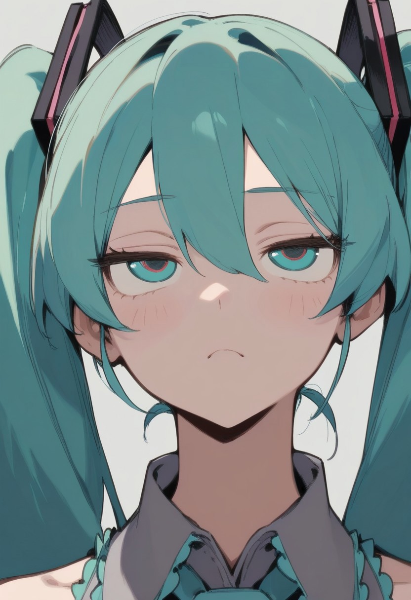 masterpiece, best quality, very aesthetic, high resolution, ultra-detailed, absurdres, newest, extremely detailed eyes,  Little_netizen, disdainful eyes, 1girl, hatsune miku, close up, portrait