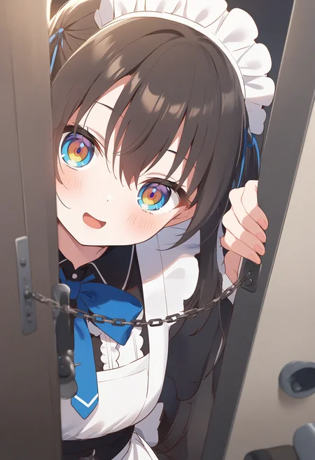 1girl,sincos, ningen mame, toosaka asagi,solo,medium breasts,20yo,maid,maid headdress,
door chain, peeking out, open door,<lora:doorchain_XL_v1:0.8>
chain, pov doorway, opening door, close-up,
best quality, very aesthetic, absurdres ,