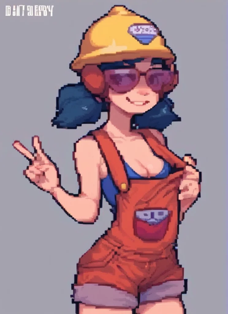 score_9, score_8_up, score_7_up, <lora:bsjacky:0.9> bsjacky , 1girl, solo, flat chest , smile, medium breasts, cleavage, twintails, blue hair, orange overalls , low twintails, sunglasses, helmet , red overalls, , <lora:pixel:1> pixelart