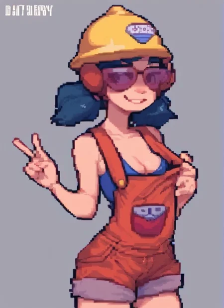 score_9, score_8_up, score_7_up, <lora:bsjacky:0.9> bsjacky , 1girl, solo, flat chest , smile, medium breasts, cleavage, twintails, blue hair, orange overalls , low twintails, sunglasses, helmet , red overalls, , <lora:pixel:1> pixelart