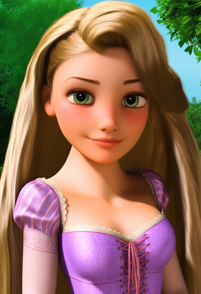 masterpiece, 3d, realistic, best quality shadows, dynamic view, posing, looking at viewer, <lora:DMD:1>, dmd, style, 1girl,solo, black pupils, realistic hair, loose hair, seductive look, best quality green irises of the eye, medium chest, breasts out, curvy body, curvaceous, <lora:add-detail-xl:1>, misc, outdoor, standing, <lora:Breast Slider - Pony_alpha1.0_rank4_noxattn_last:0.5>, <lora:Rapunzel (Disney) - XL - Pony V1.0:1>, Dress, Dirndl, purple dress with a pink accent, lavender corset top, puffy sleeves, laced, pink ribbon, straight hair, very long hair, long hair, beautiful face, cute,
